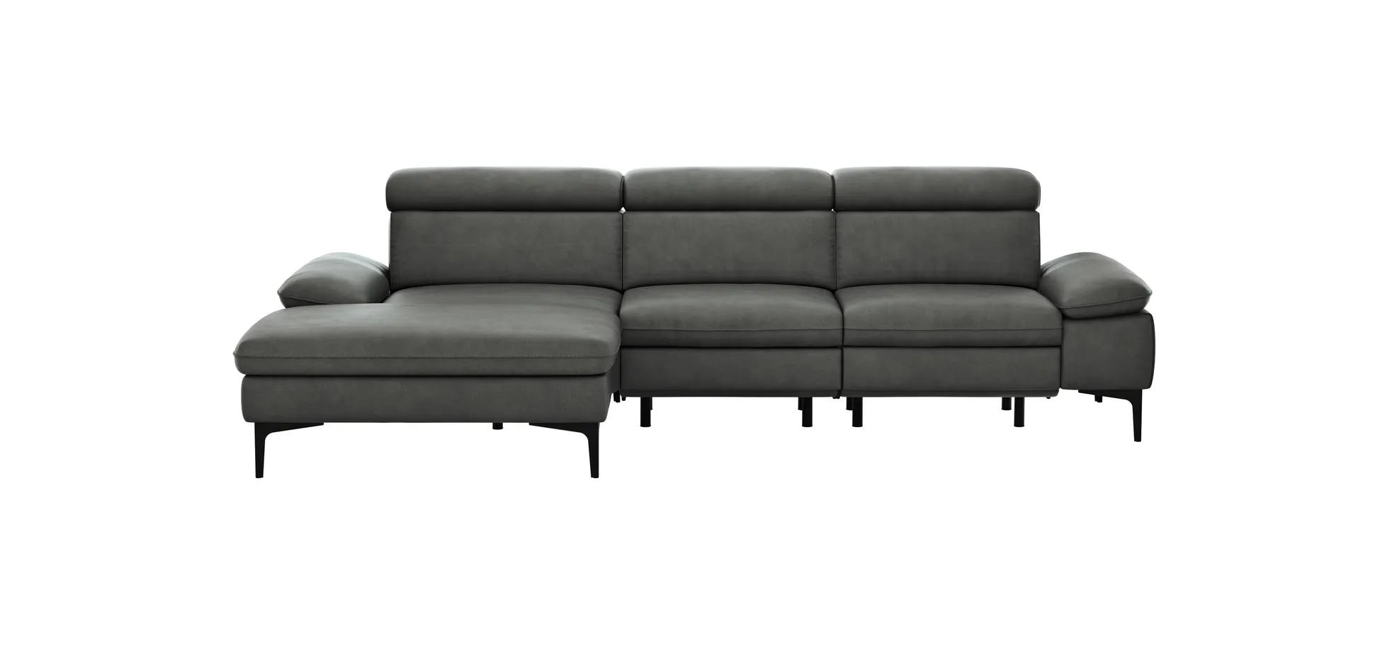 Ecksofa Felipa - Longchair links mit 2,5-Sitzer inkl. Armlehne verstellbar und Rückenlehne/Sitztiefe verstellbar (motorisch), Leder, Grau