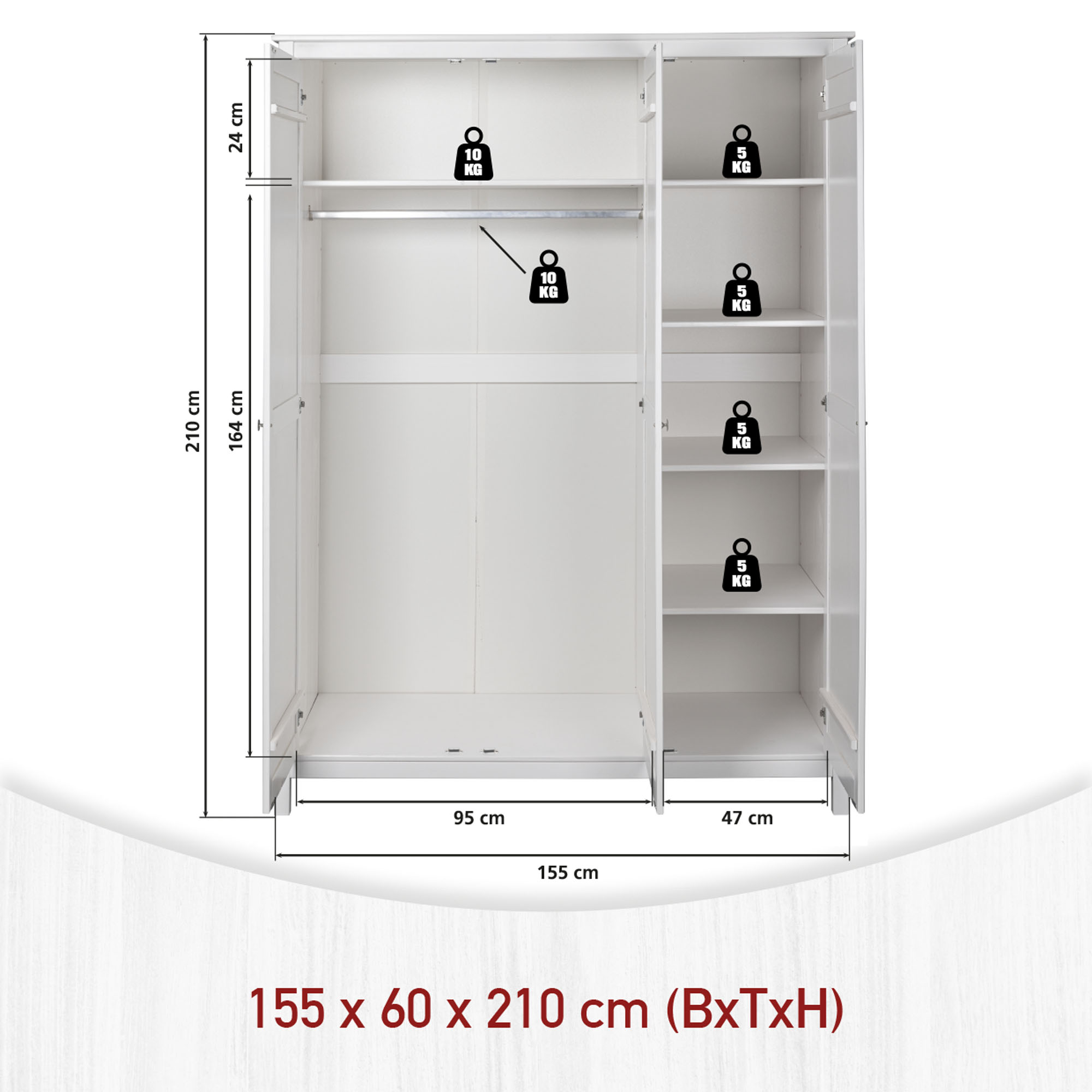 Kleiderschrank, Massivholz weiß, 155cm brt - MyStyle 3076