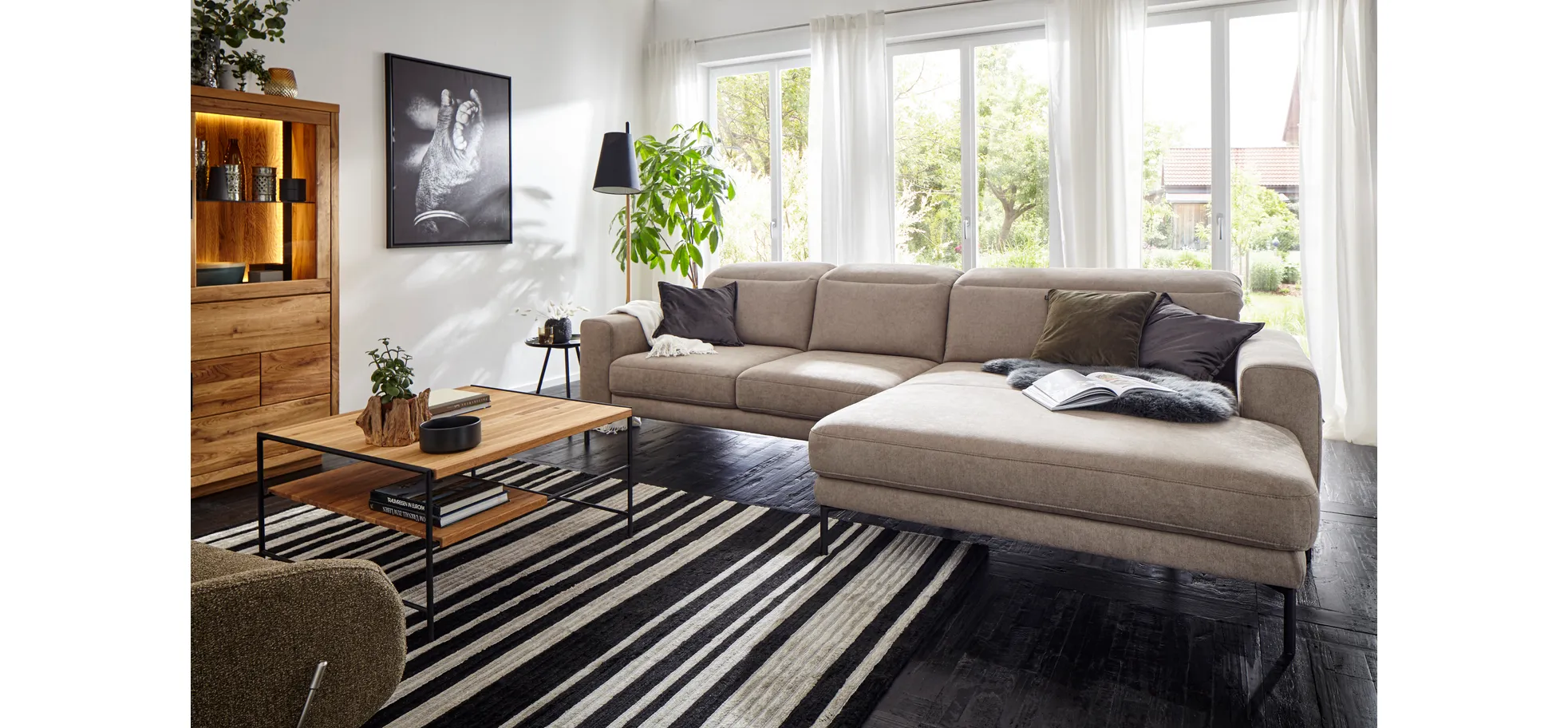 Ecksofa Rockport B - 2,5-Sitzer mit Longchair rechts inkl. Kopfteil/Sitztiefe verstellbar, Stoff, Khaki