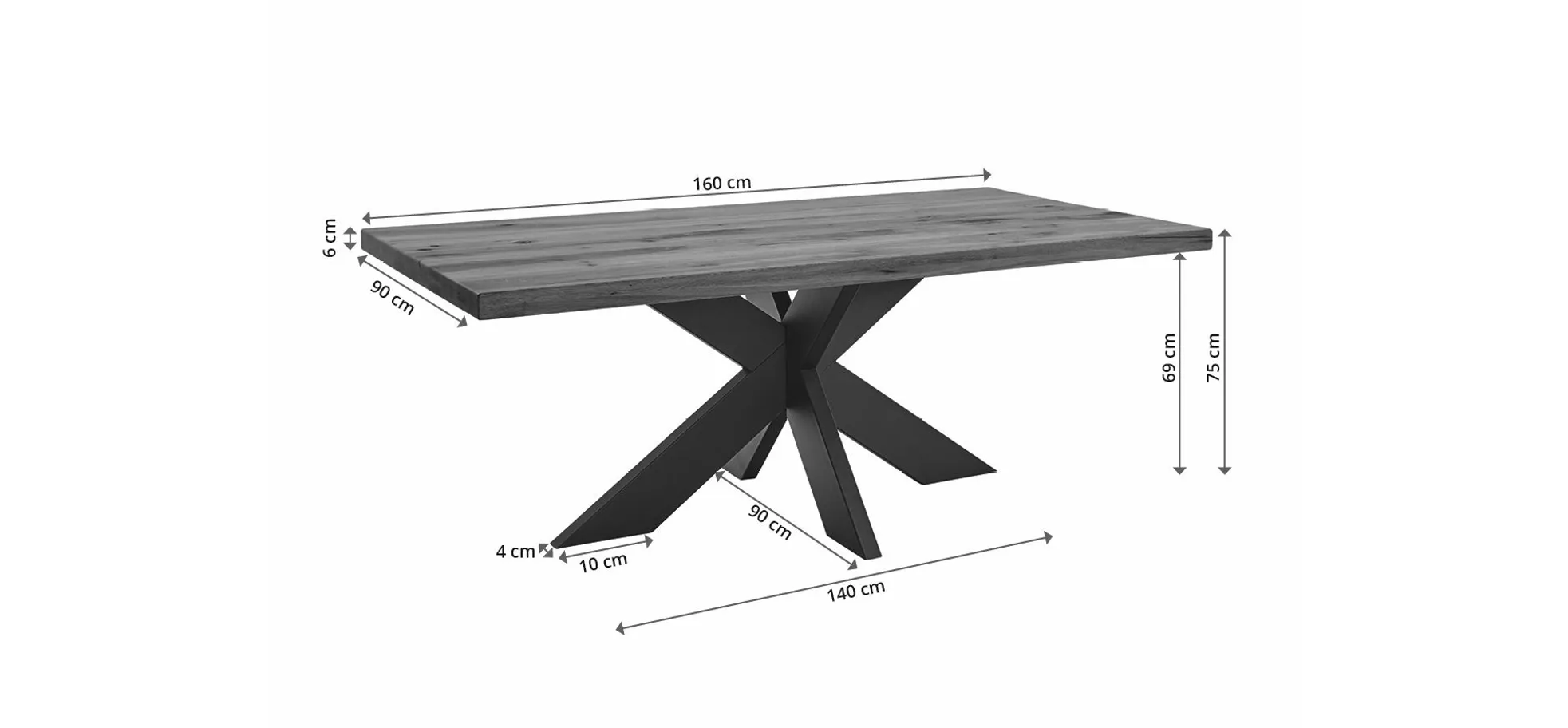 Esstisch - LB ca. 160x90 cm, Wildeiche massiv geölt, Baumkante, Schwarz