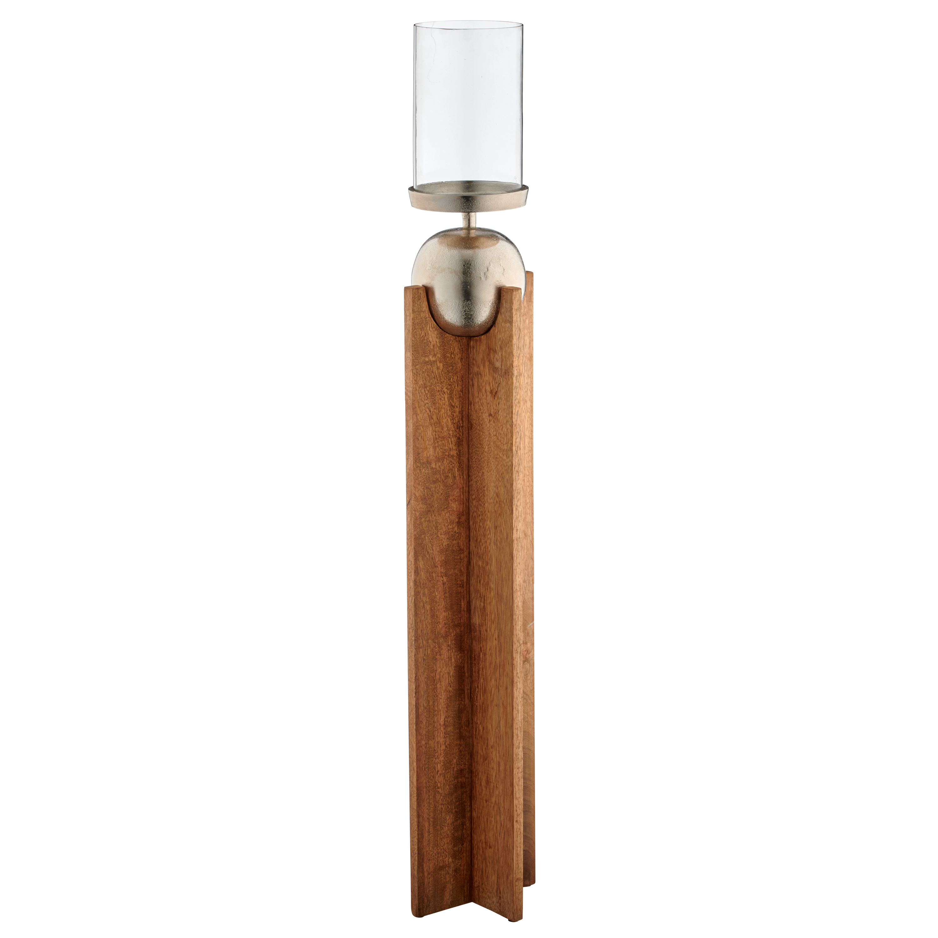 Mangoholz Windlicht mit Aluminiumkugel mit Glas - natur, ca. 18x18x110cm