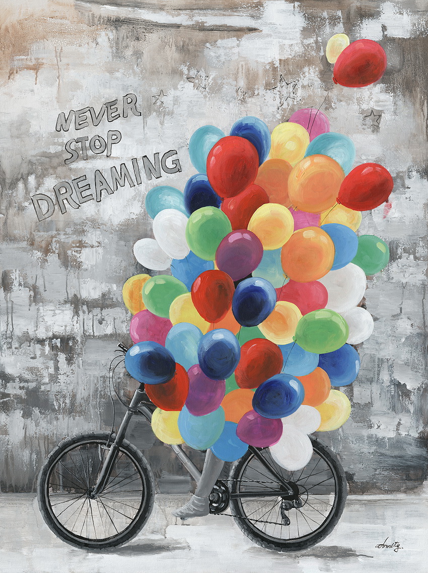 Ölbild 90x120 cm - Fahrrad mit Luftballons bunt
