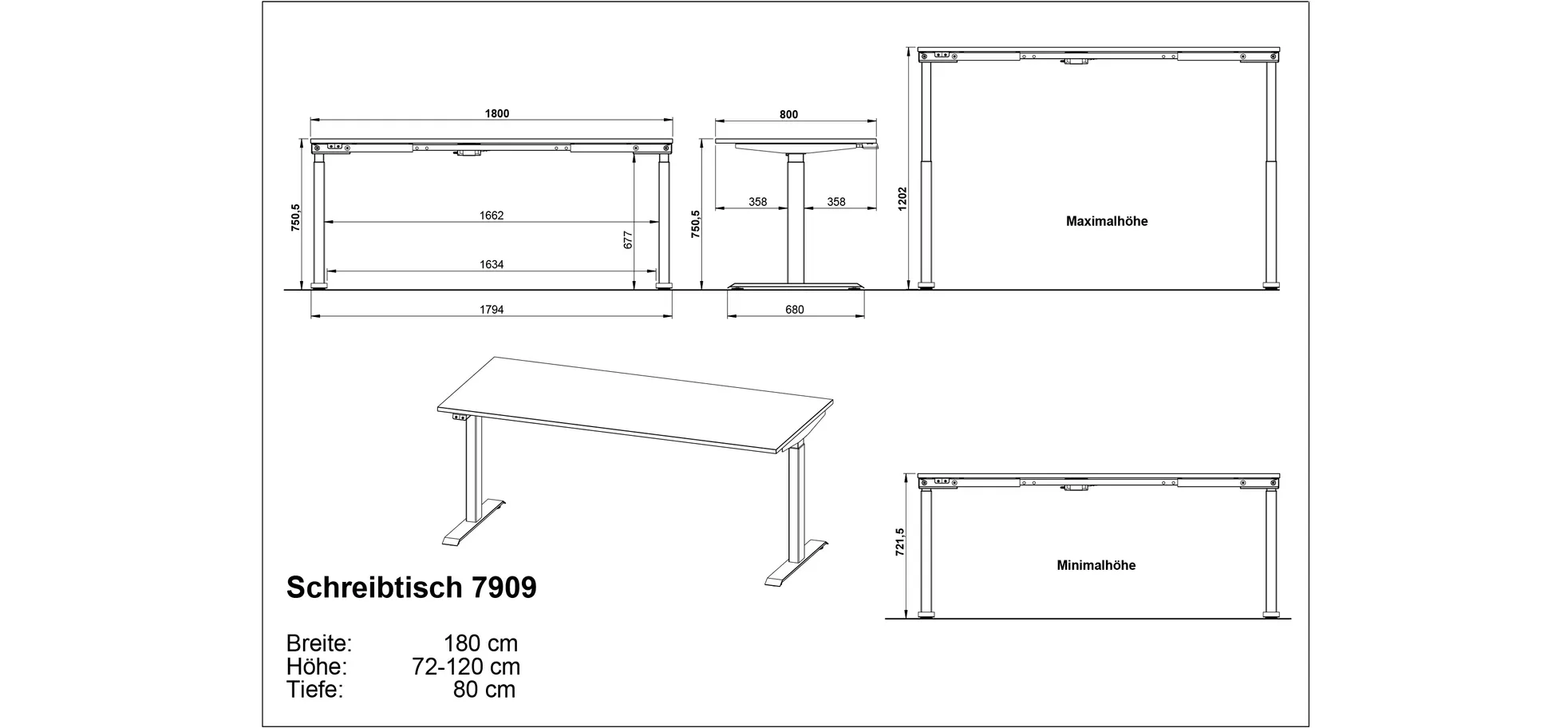 Schreibtisch GELI - höhenverstellbar, LB ca. 180x80 cm, Kaschmir, Weiß