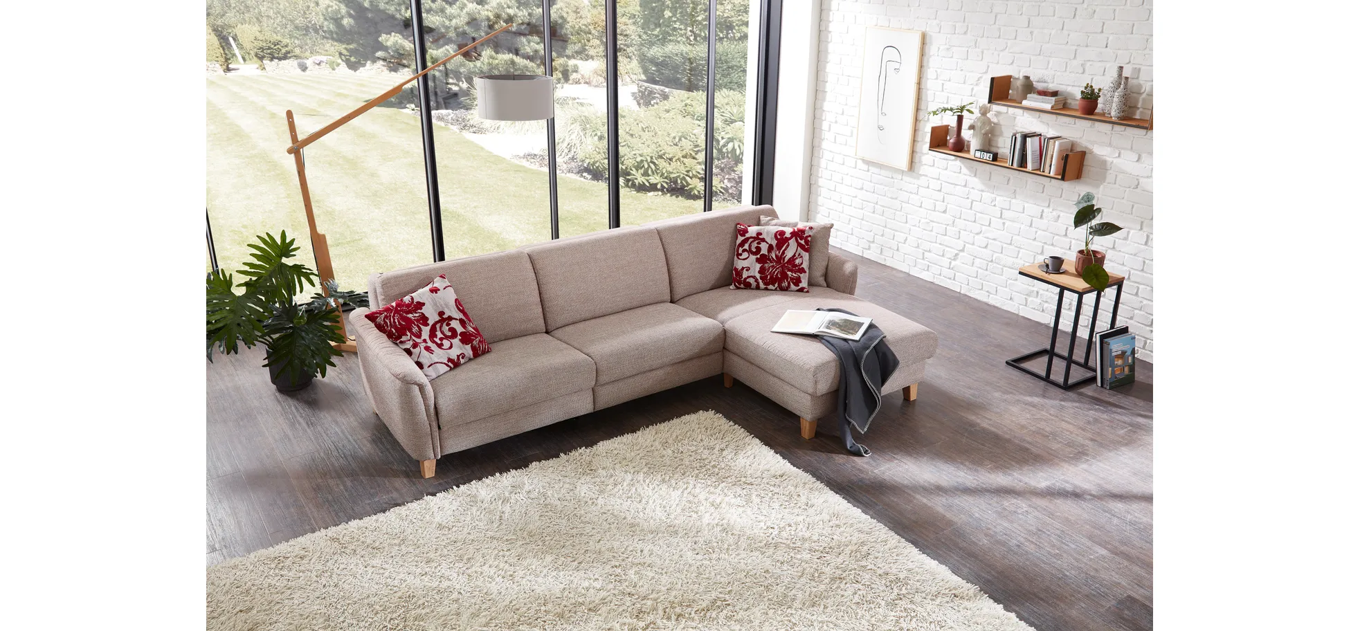 Ecksofa Mendoza - 2,5-Sitzer mit Longchair rechts, Bettkasten, Stoff, Bordeaux