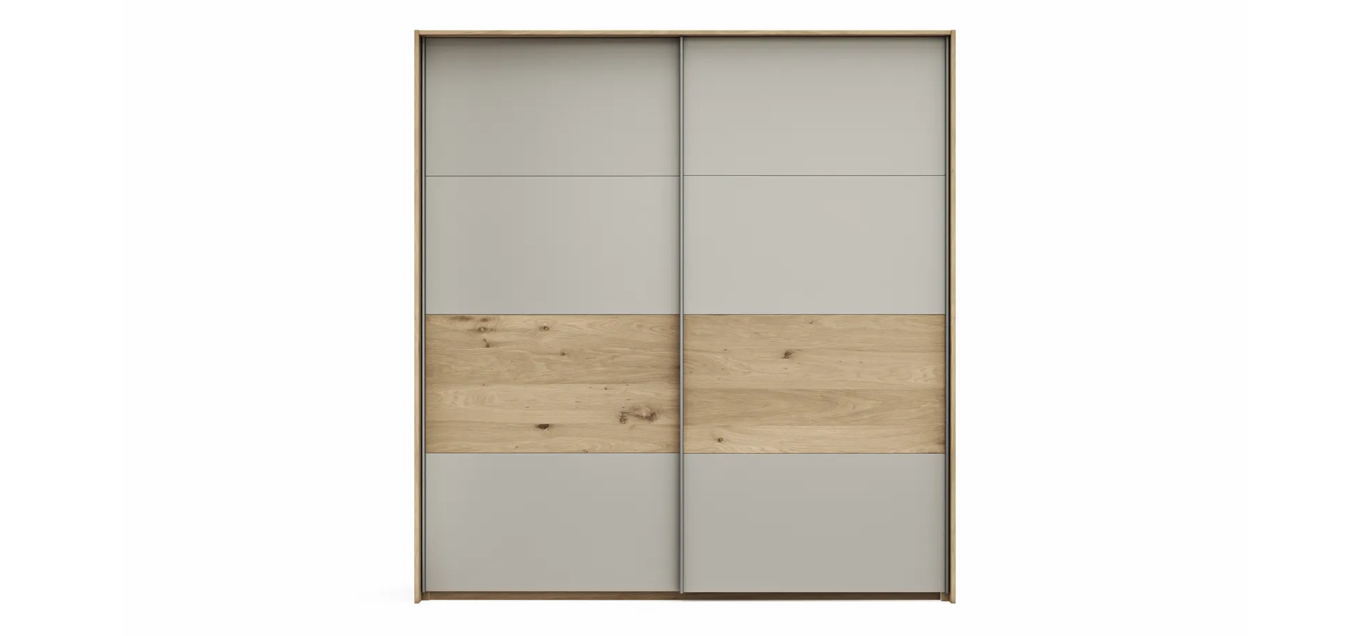 Schwebetürenschrank Viana - B ca. 188 cm, Furnier, Balkeneiche, Hellgrau