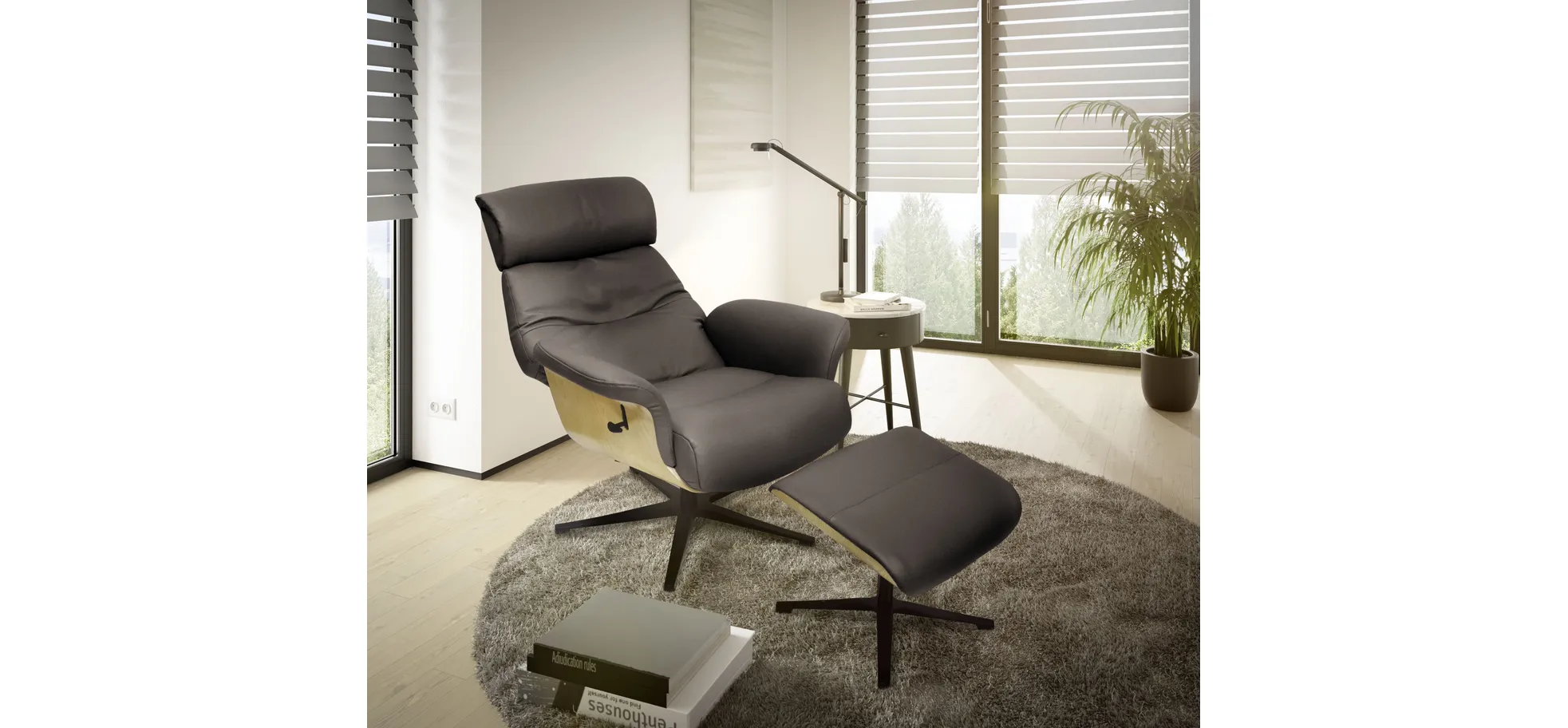 Relaxsessel mit Hocker, Leder dunkelbraun - Moani