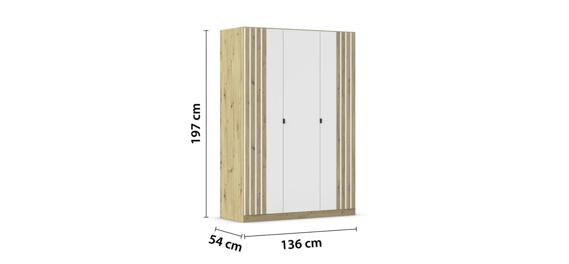 Drehtürenschrank RUERTO- B ca. 136 cm, Eiche Dekor, Weiß, Paneel, Eiche Dekor