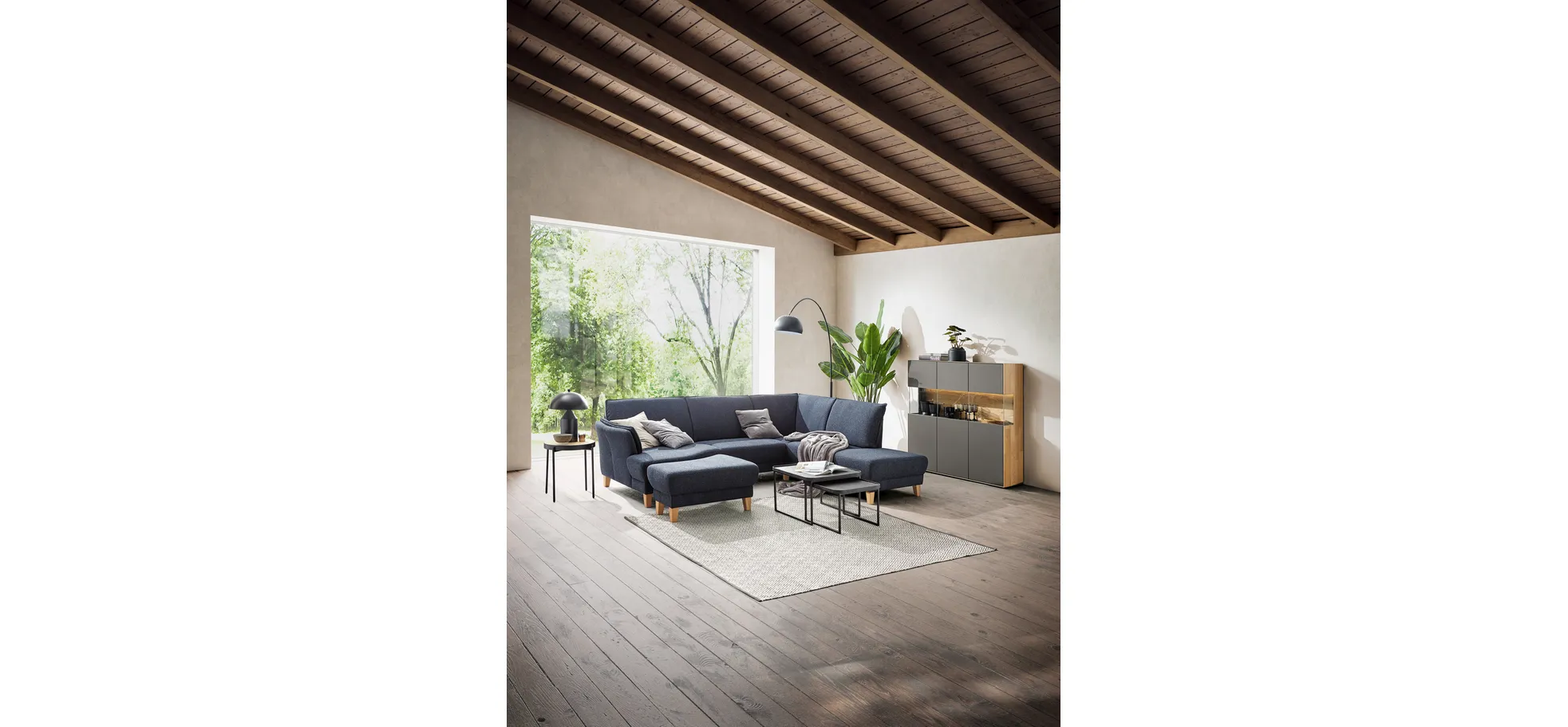 Sofa Stamford - 3,5-Sitzer, Bogen links mit Ecksofa 2-sitzig und Abschlusshocker Rechts, Stoff, Dunkelblau