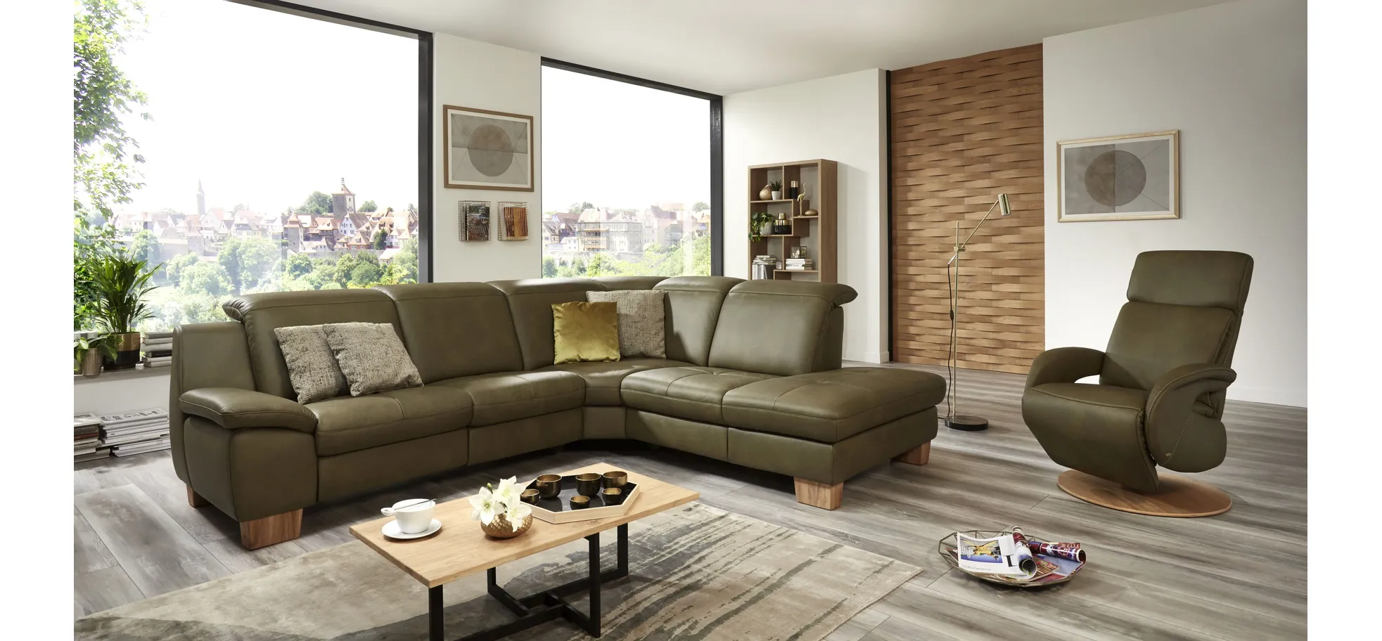 Ecksofa - 2-Sitzer mit Ecke rechts, Sitztiefe verstellbar, Leder, Olive