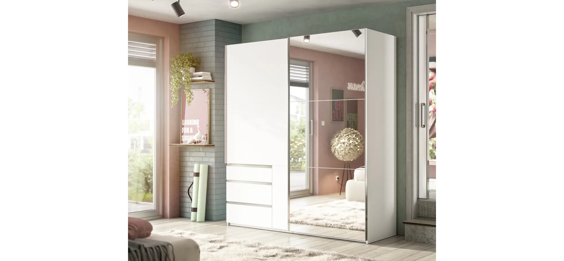  Schwebetürenschrank- B ca. 200 cm, Weiß, Spiegel