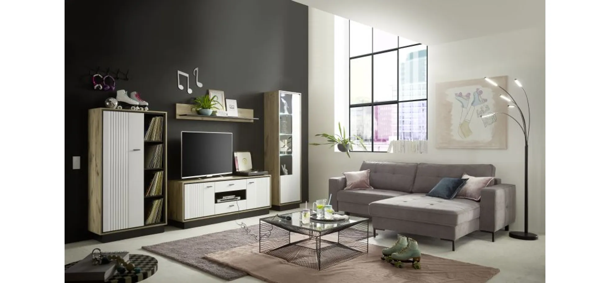 TV-Board- Eiche Dekor, Weiß Hochglanz