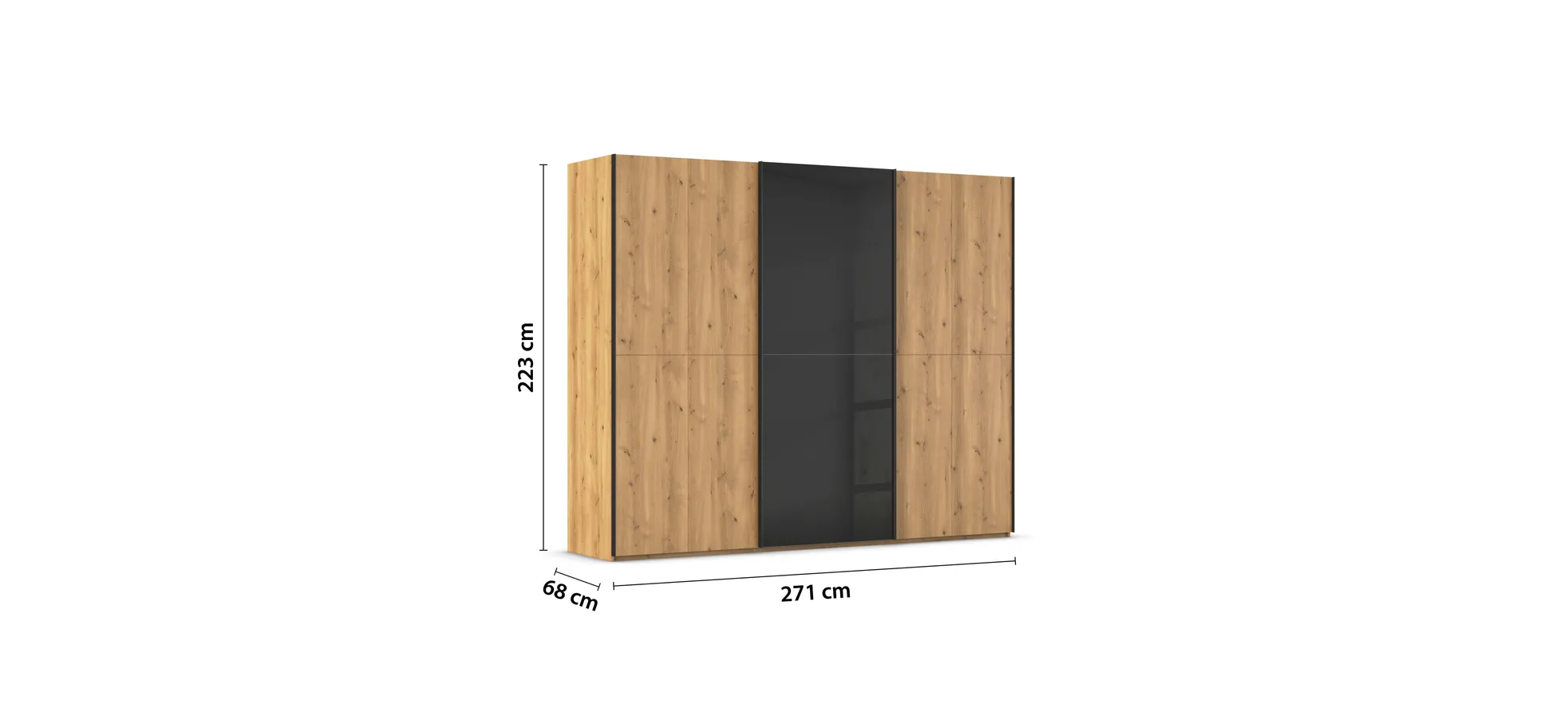 Schwebetürenschrank - B. ca. 271 cm, Front Asteiche massiv, Mitteltür Farbglas Schwarz