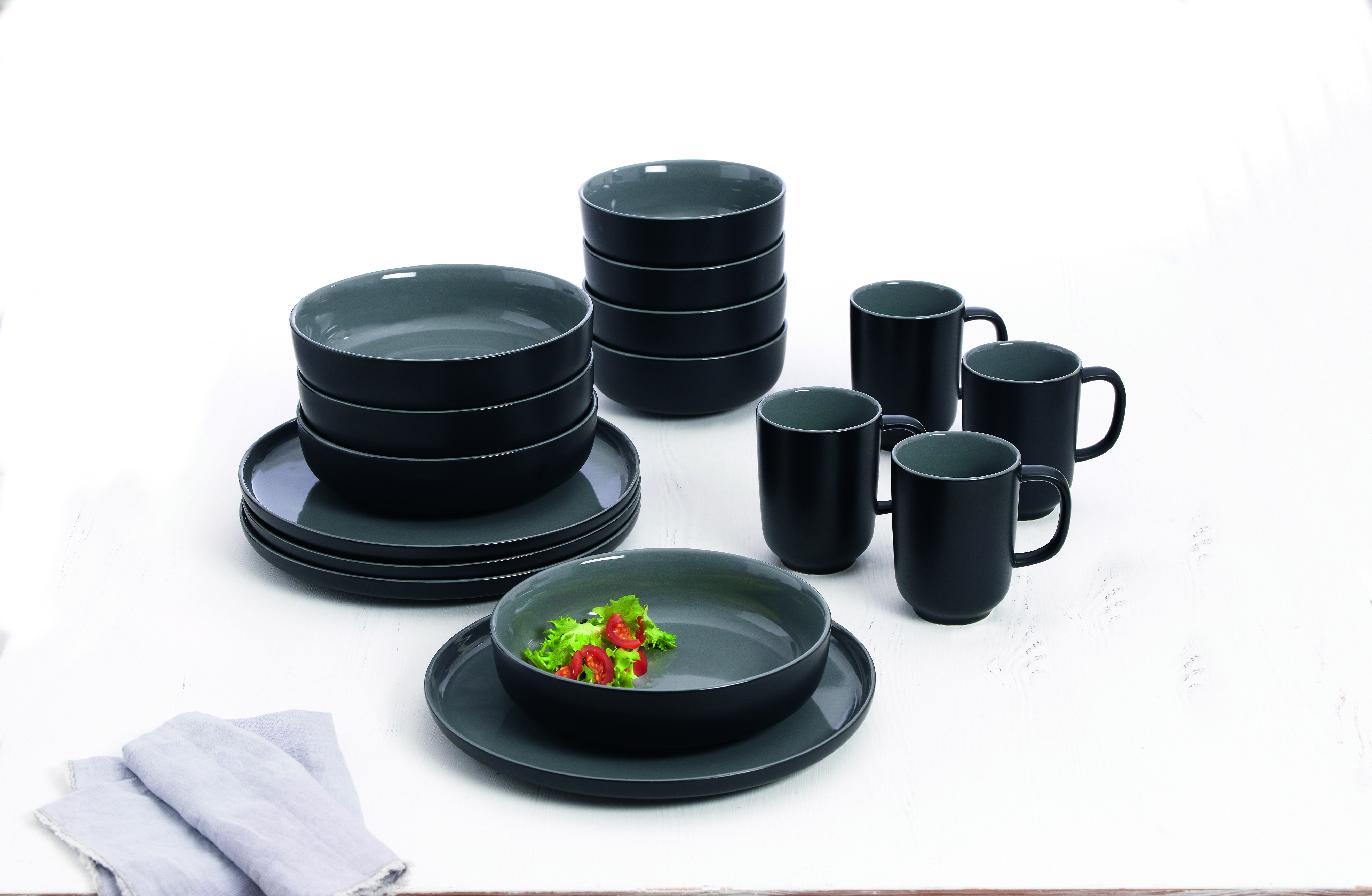 Kombiset Jasper Schwarz 16tlg. - Steinzeug, spülmaschinenfest, rund, schwarz