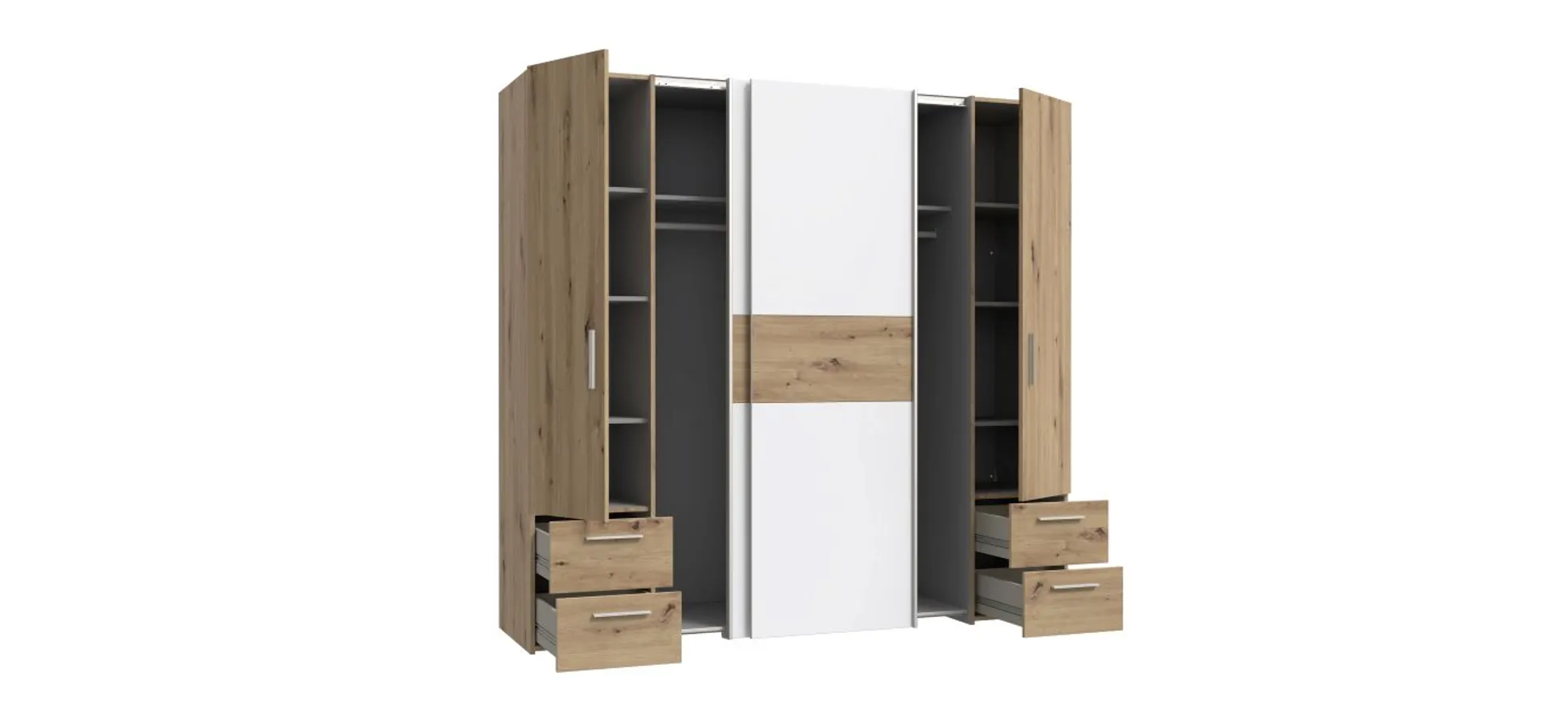 Schwebe-/Drehtürenschrank FENNA - B. ca. 200 cm, Eiche Dekor, Weiß