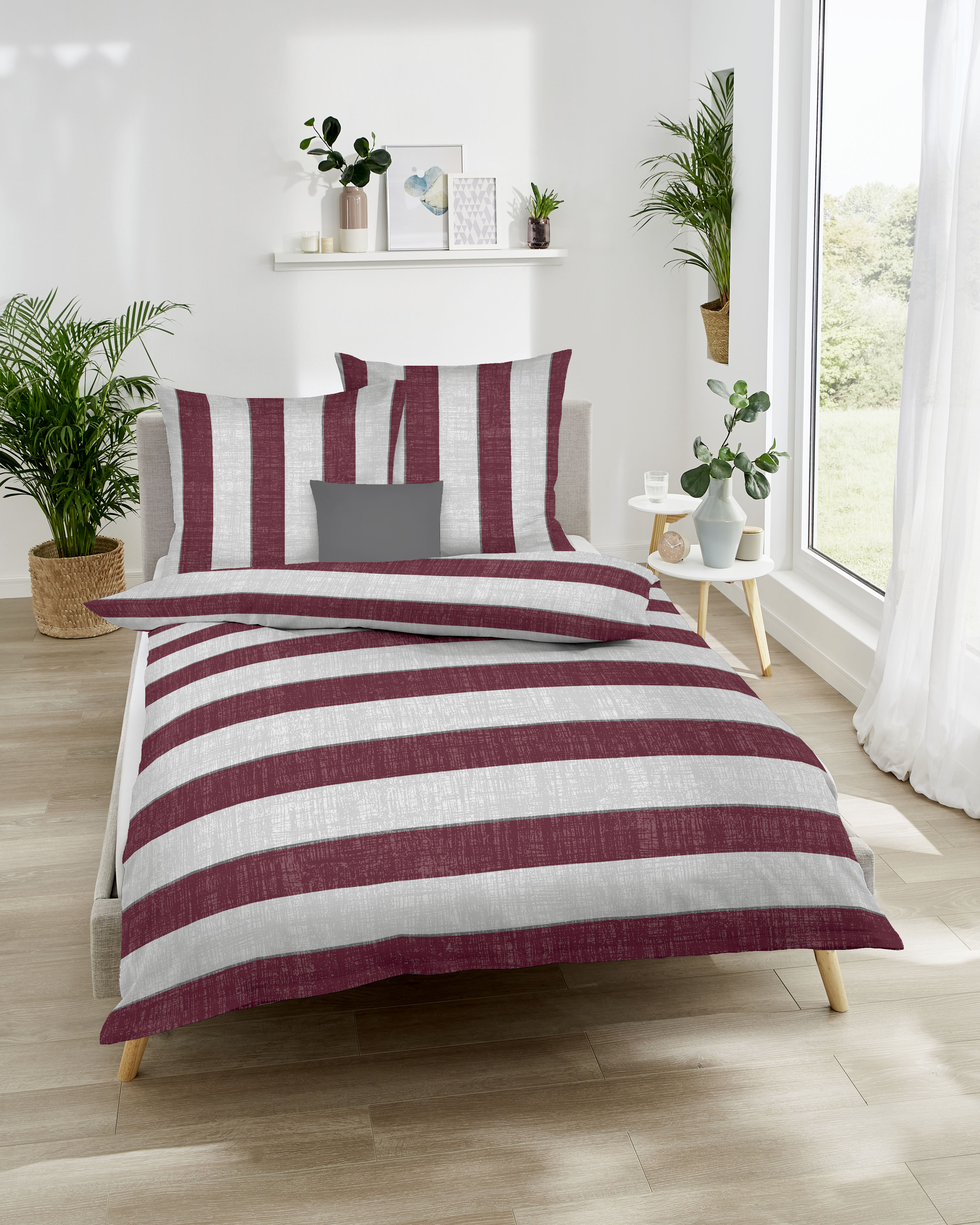 Feinbiber Bettwäsche College, 100 % Baumwolle - 155x220cm, rubin/weiß/Streifen
