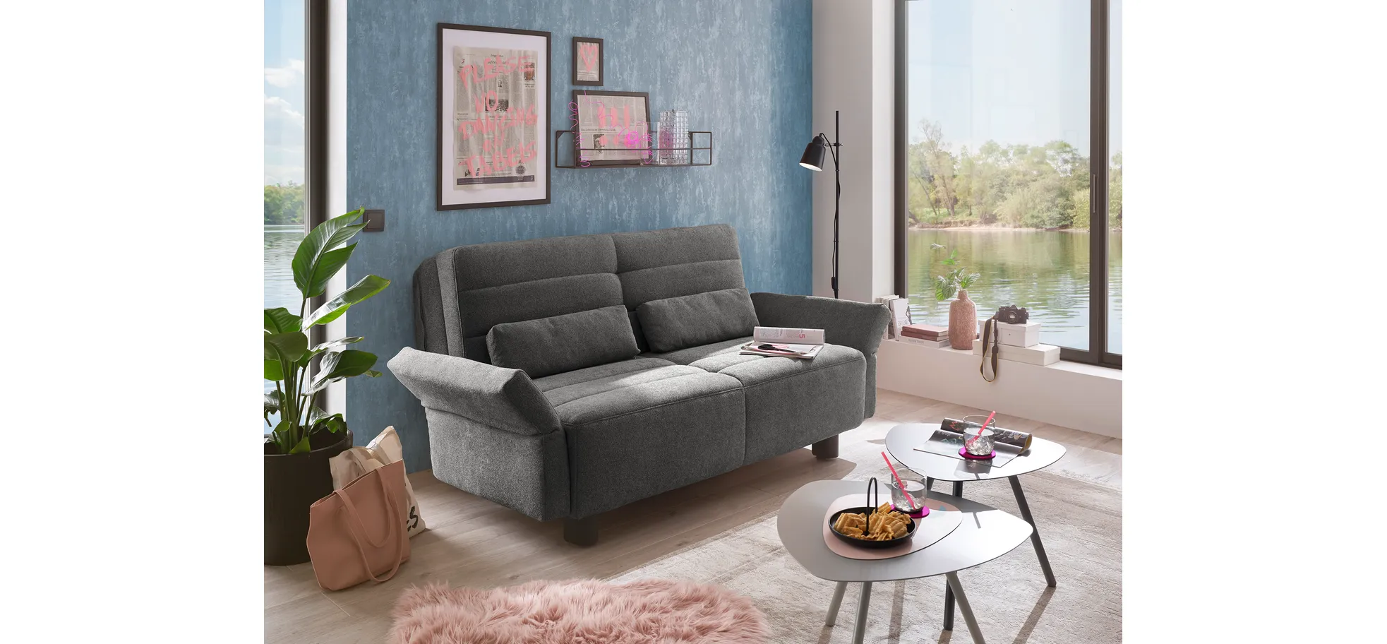  Faltsofa Easy - 2-Sitzer, ca. 140 cm inkl. Schlaffunktion/Topper/Armteil verstellbar, Stoff, Dunkelgrau