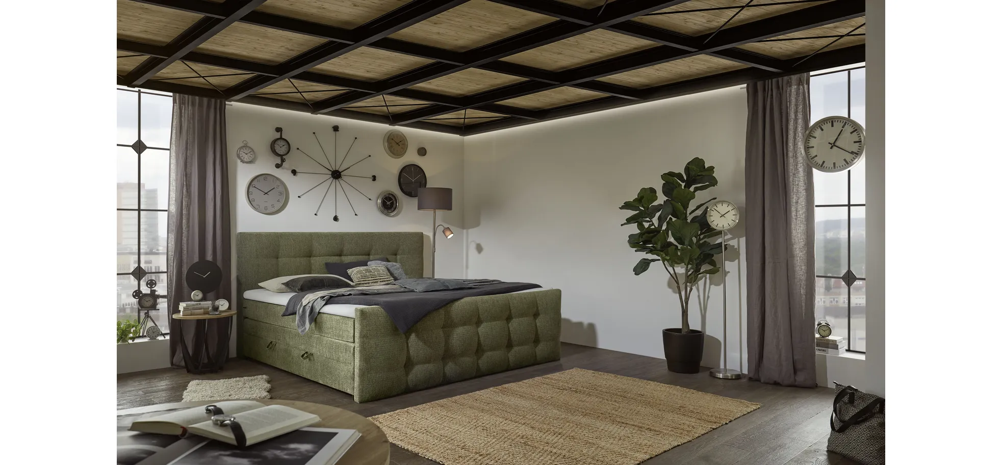 Boxspringbett, Stoff Grün - Sandrin I