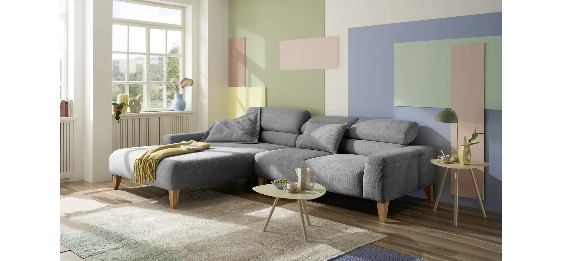  Ecksofa CHENOA - Longchair links und 2-Sitzer, Sitzvorzug motorisch, Stoff, Steingrau