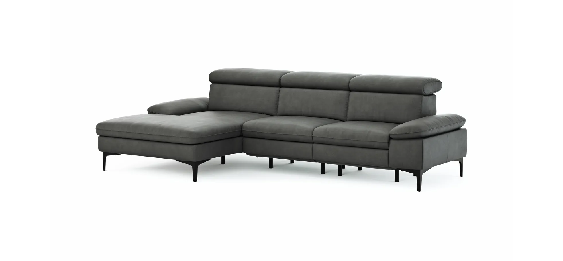 Ecksofa Felipa - Longchair links mit 2,5-Sitzer inkl. Armlehne verstellbar und Rückenlehne/Sitztiefe verstellbar (motorisch), Leder, Grau