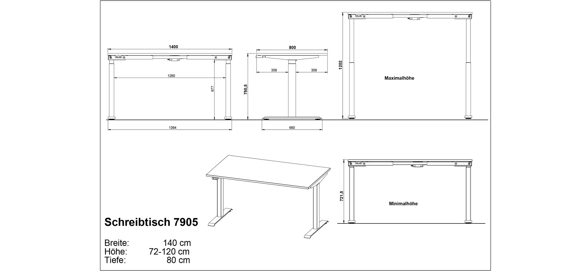 Schreibtisch GELI - höhenverstellbar, LB ca. 140x80 cm, Weiß