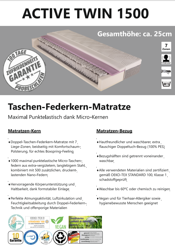 Doppel-Taschen-Federkern-Matratze 80x200 - MyStyle 3010