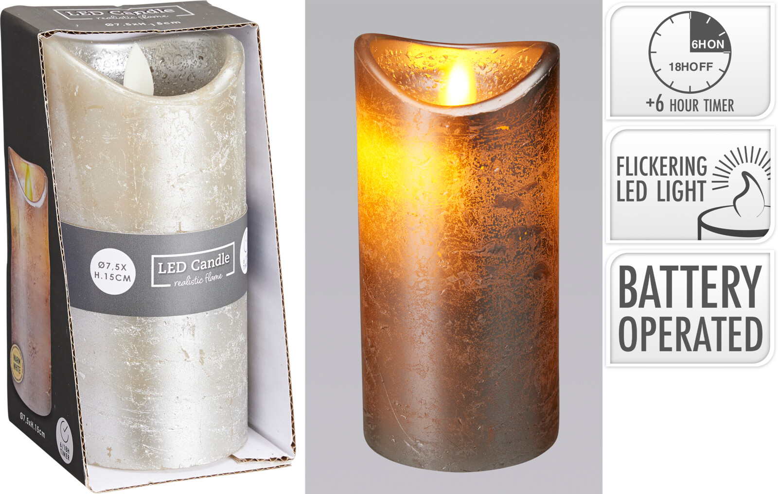 LED Kerze 7,5x15cm - timer, batteriebetrieb, silber