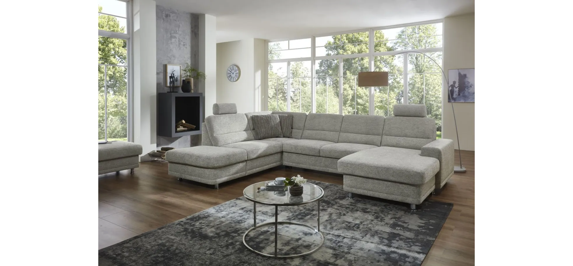 Wohnlandschaft - keine Funktionen, Ecke links, 2,5-Sitzer, Longchair rechts, Webstoff Grau