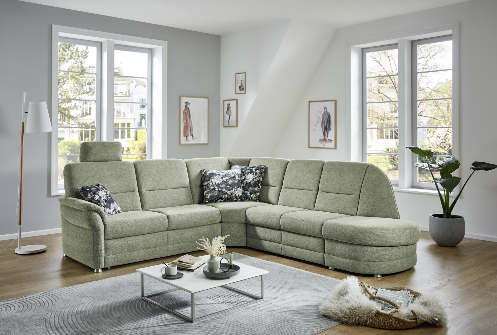Ecksofa, Stoff grün, Rücken echt - LS404820 Q +