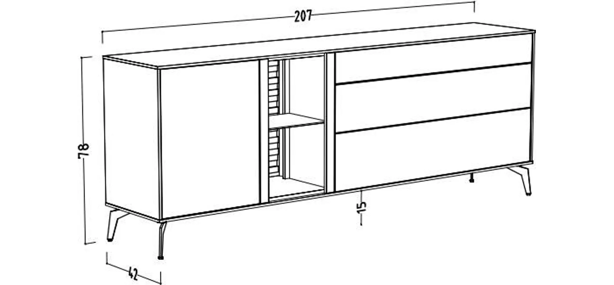 Lowboard - B ca. 207 cm, Weiß, Asteiche, Schwarz