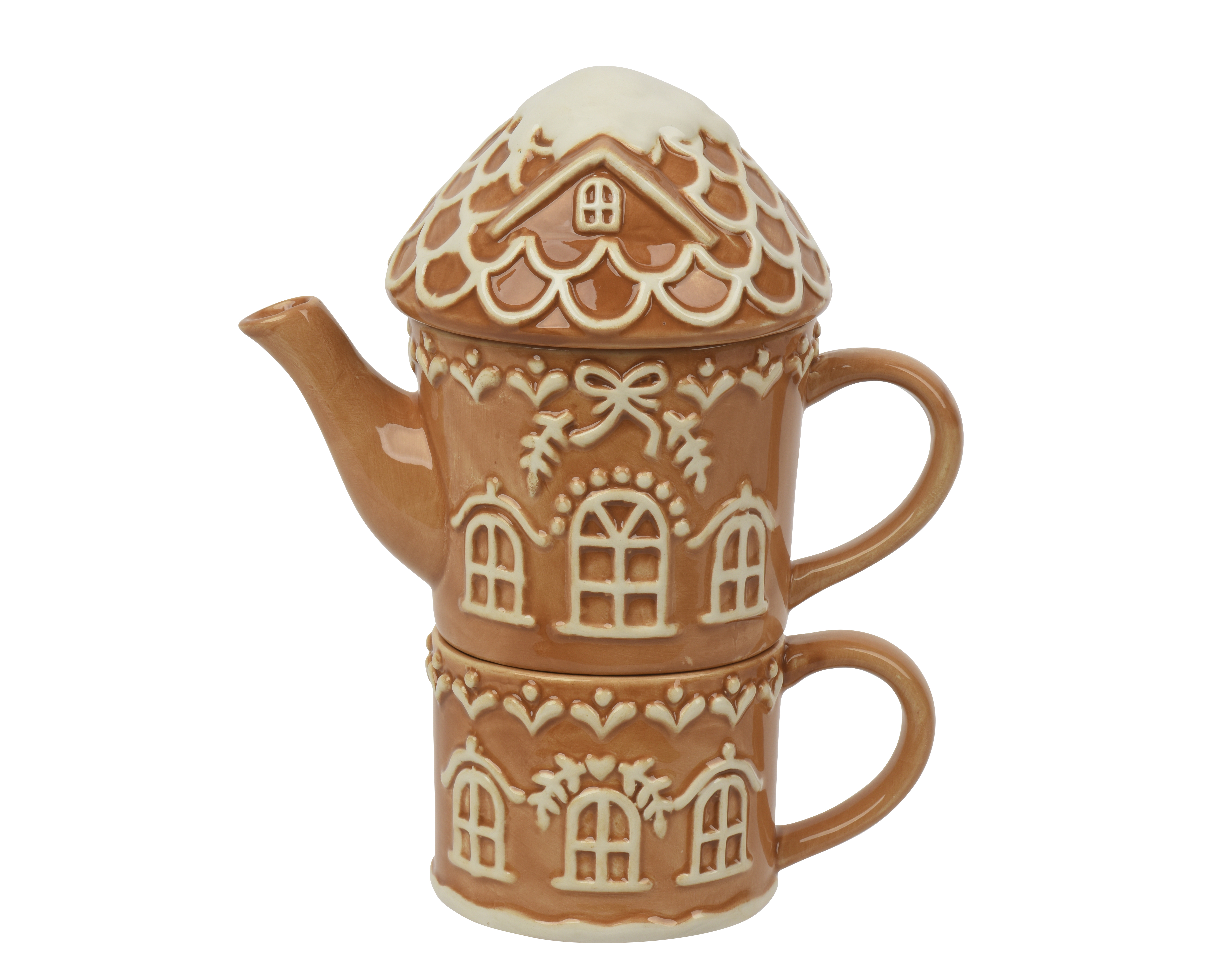 Tee-Set Lebkuchenhaus Keramik - braun, L19.00-W12.00-H23.00cm