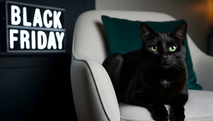 Black Friday bei MEYERHOFF • Schwarze Katze auf hellem Sessel