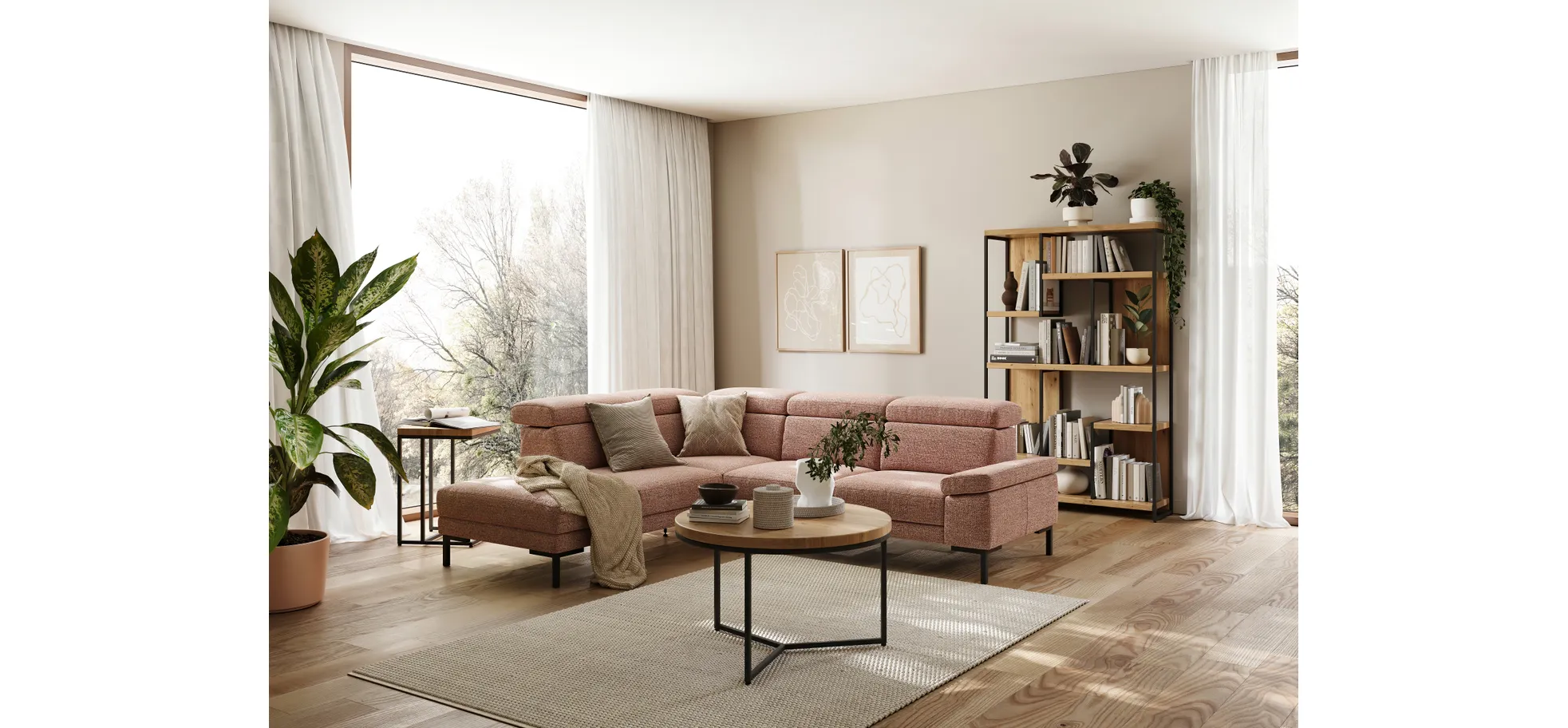 Ecksofa Hudson - Ecke links mit 2,5-Sitzer inkl. Kopfteil verstellbar, Stoff, Kupfer
