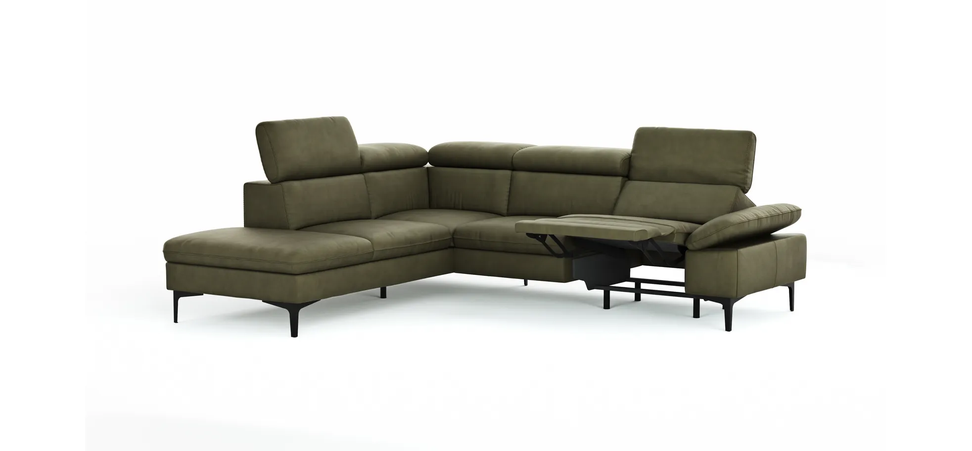 Ecksofa Felipa - Ecke links mit 2,5-Sitzer inkl. Armlehne verstellbar und Rückenlehne/Sitztiefe verstellbar (motorisch), Leder, Olive
