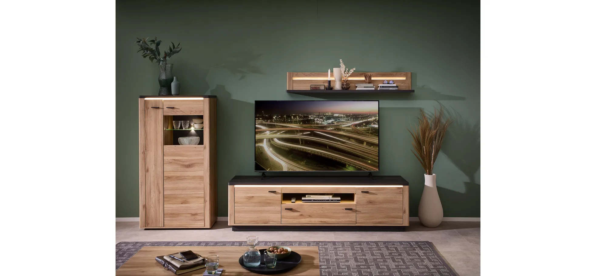 Highboard - mit Beleuchtung, B ca. 78 cm, Eiche Nachbildung, Eiche dunkel Nachbildung