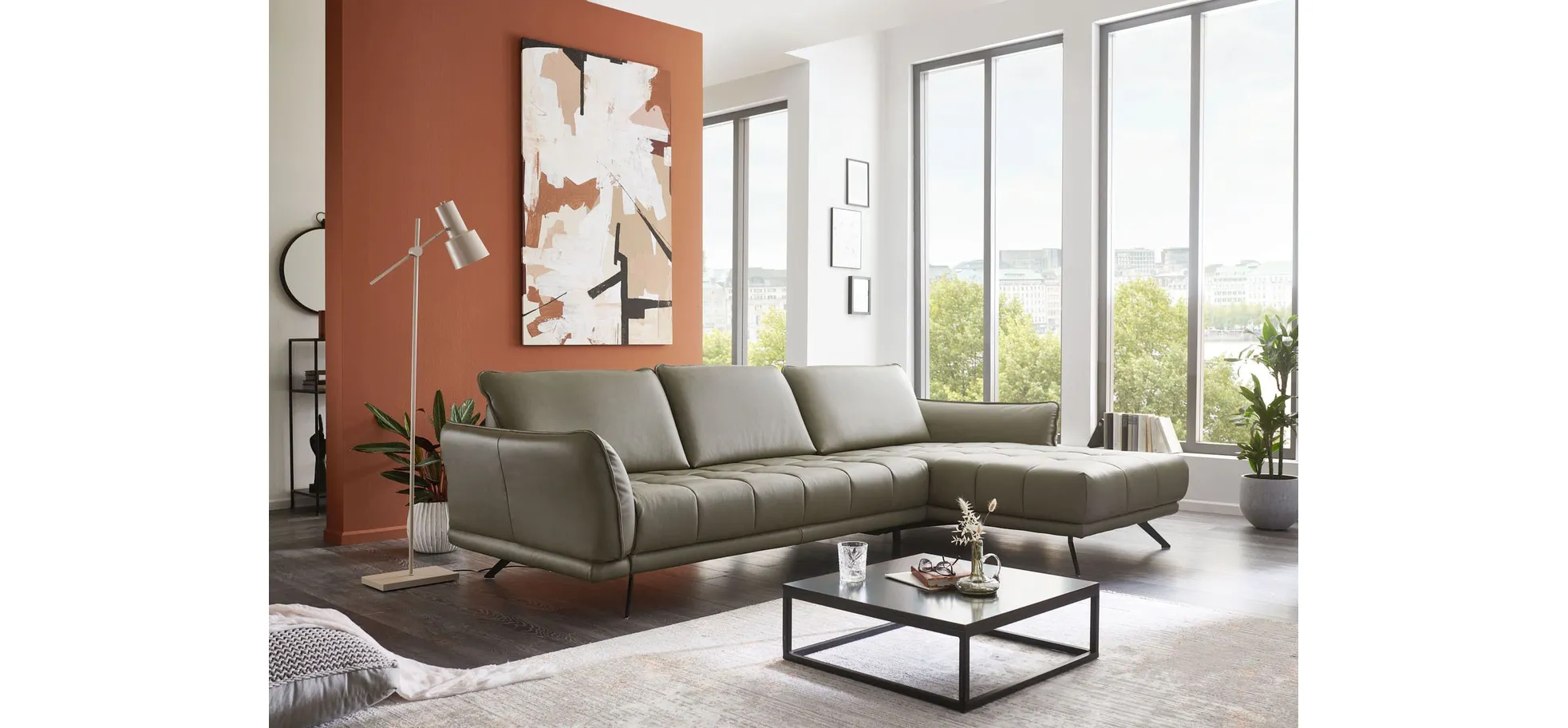 Ecksofa - 3-Sitzer mit Longchair rechts, Leder, Olive