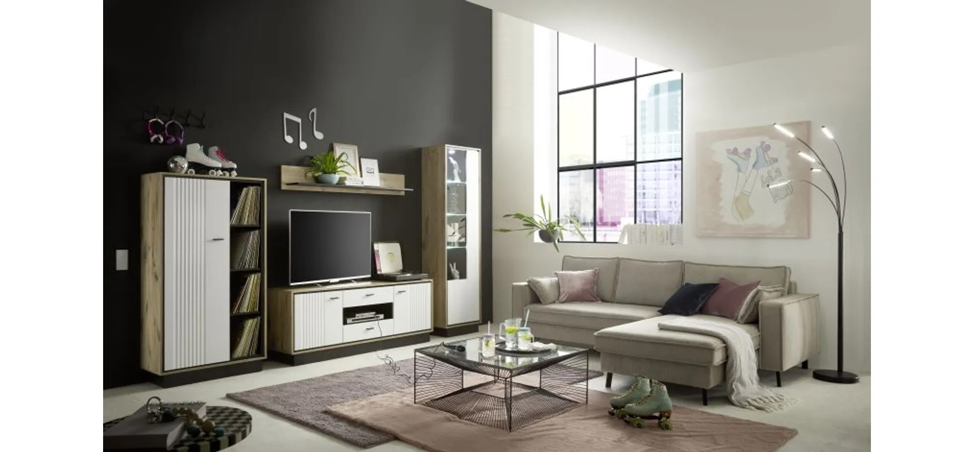 TV-Board- Eiche Dekor, Weiß Hochglanz