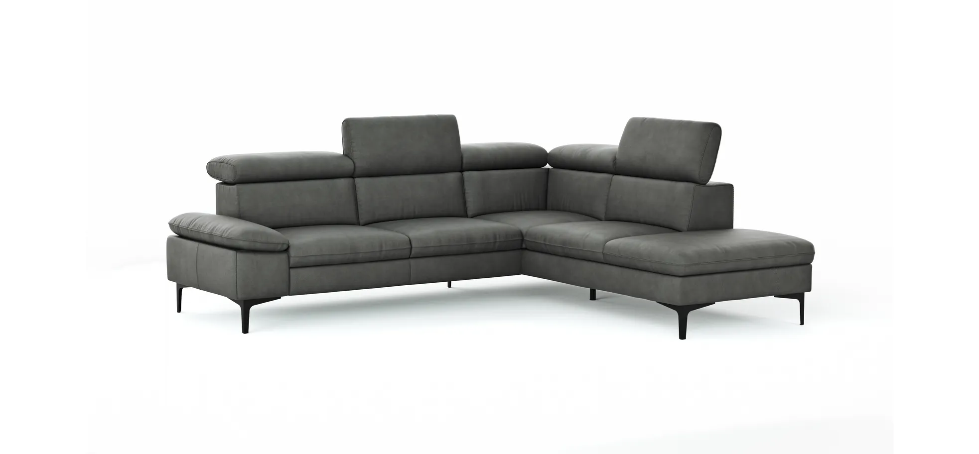Ecksofa Felipa - 2,5-Sitzer mit Ecke rechts inkl. Kopfteil verstellbar, Leder, Grau