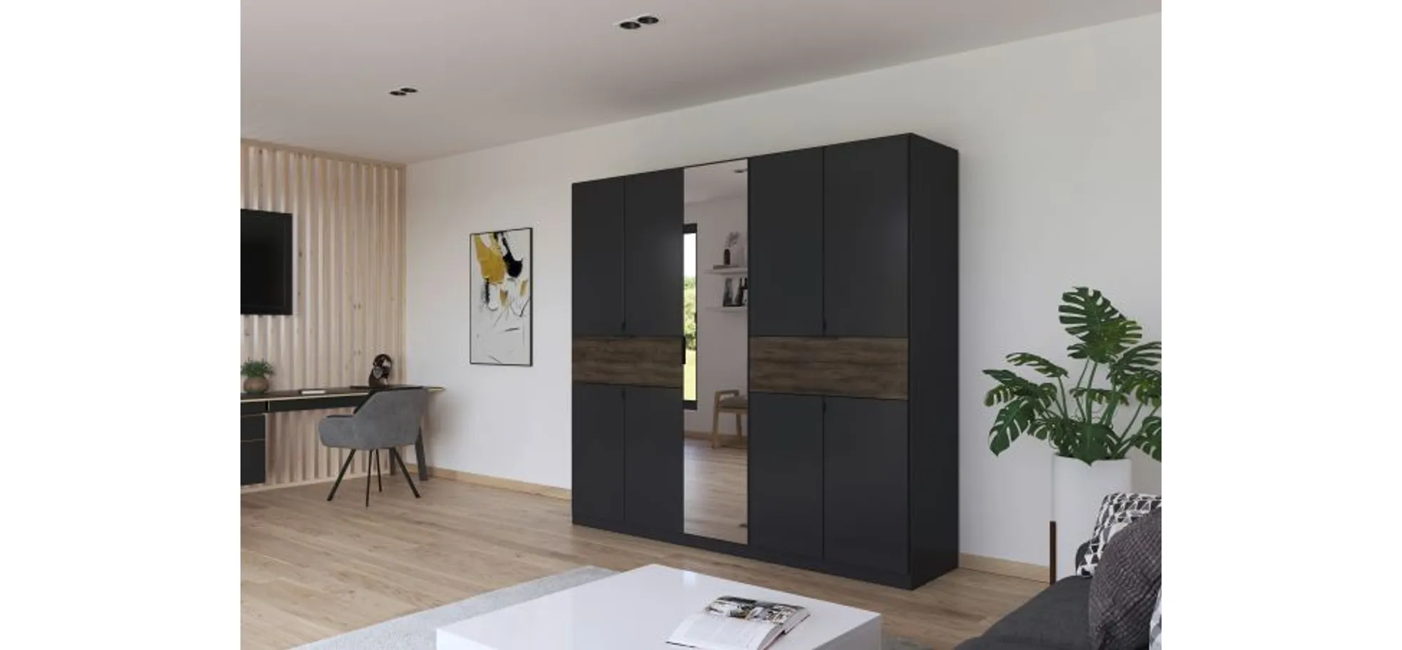 Drehtürenschrank- B ca. 226 cm, Dunkelgrau, Eiche Dunkel, Spiegel