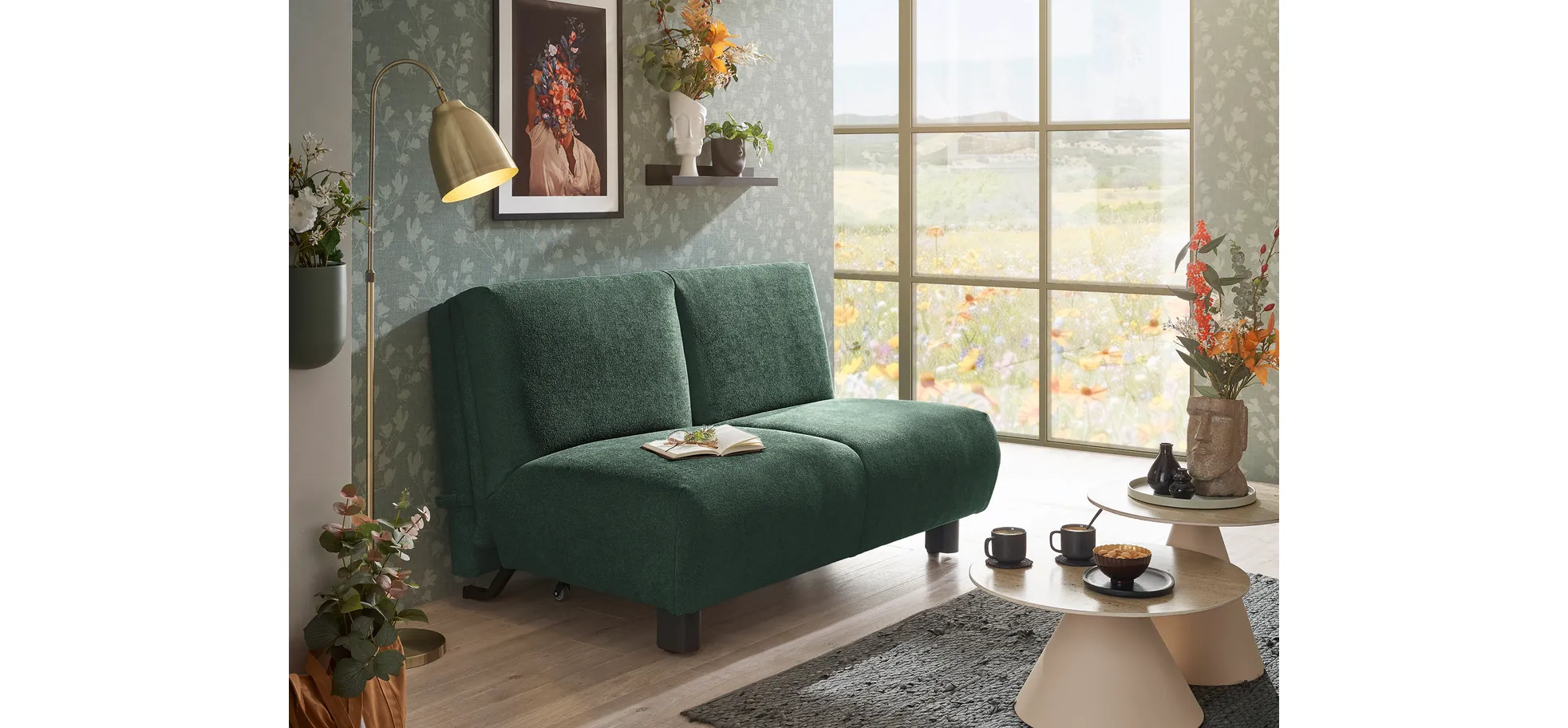  Faltsofa EBBY - 2-Sitzer ohne Armlehne, 140 cm inkl. Schlaffunktion, Stoff, Dunkelgrün