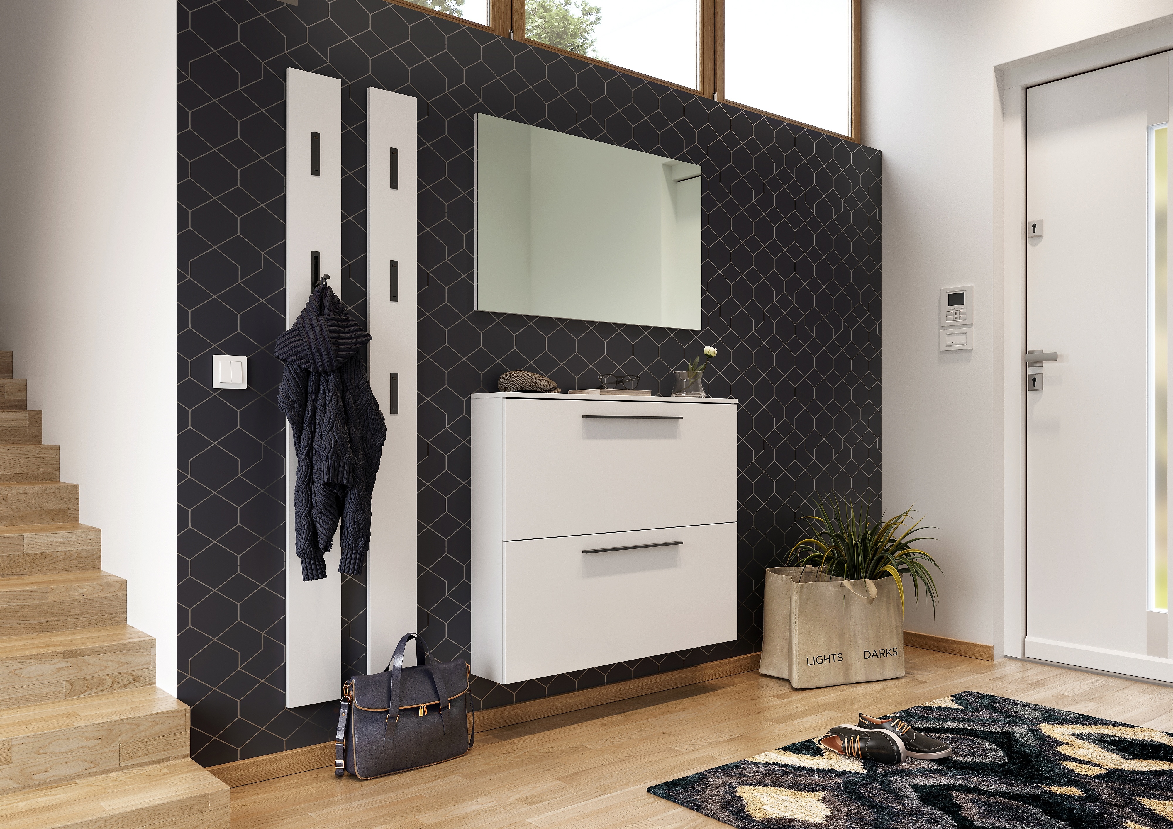Schuhschrank, weiß, Griff schwarz