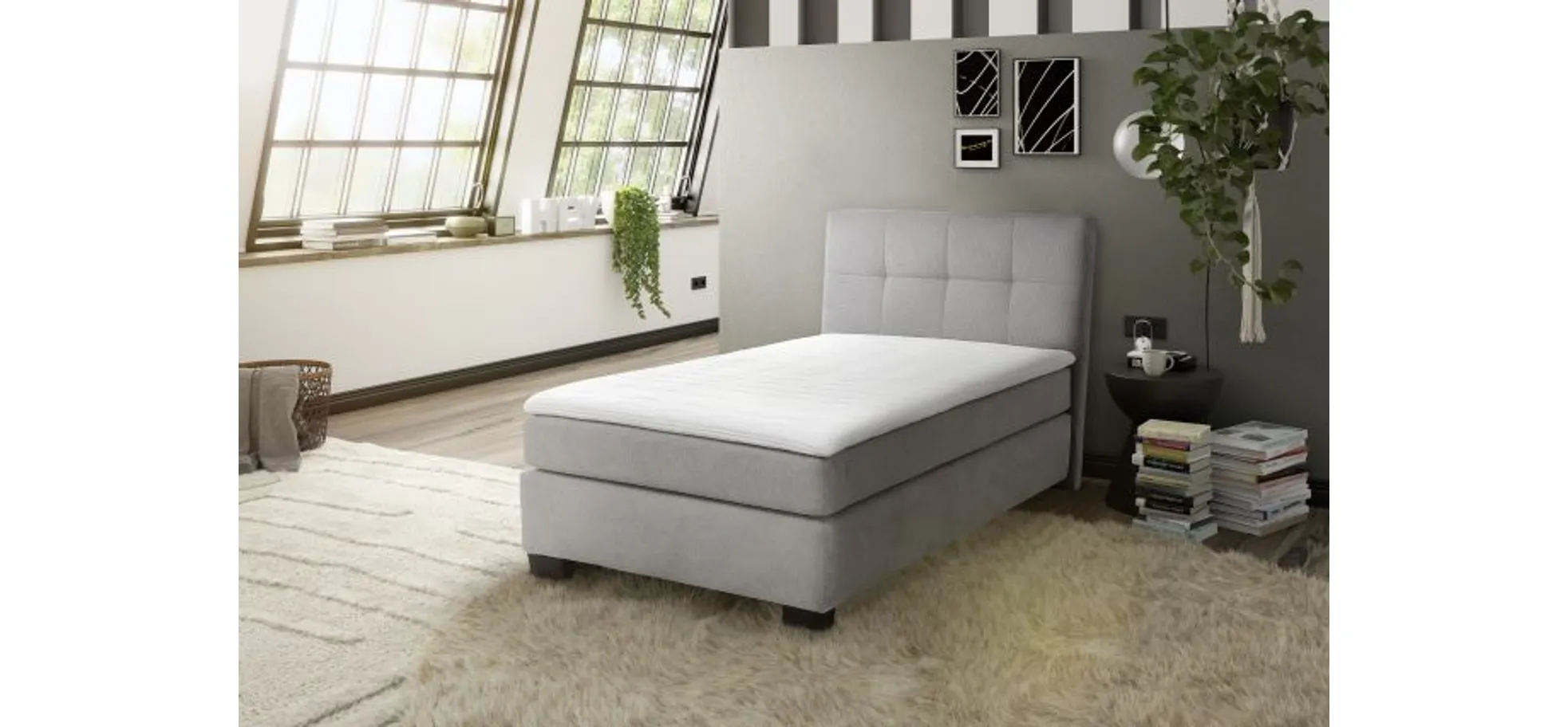Boxspringbett JILA- Ligefläche ca. 120x200 cm, Stoff, Hellgrau