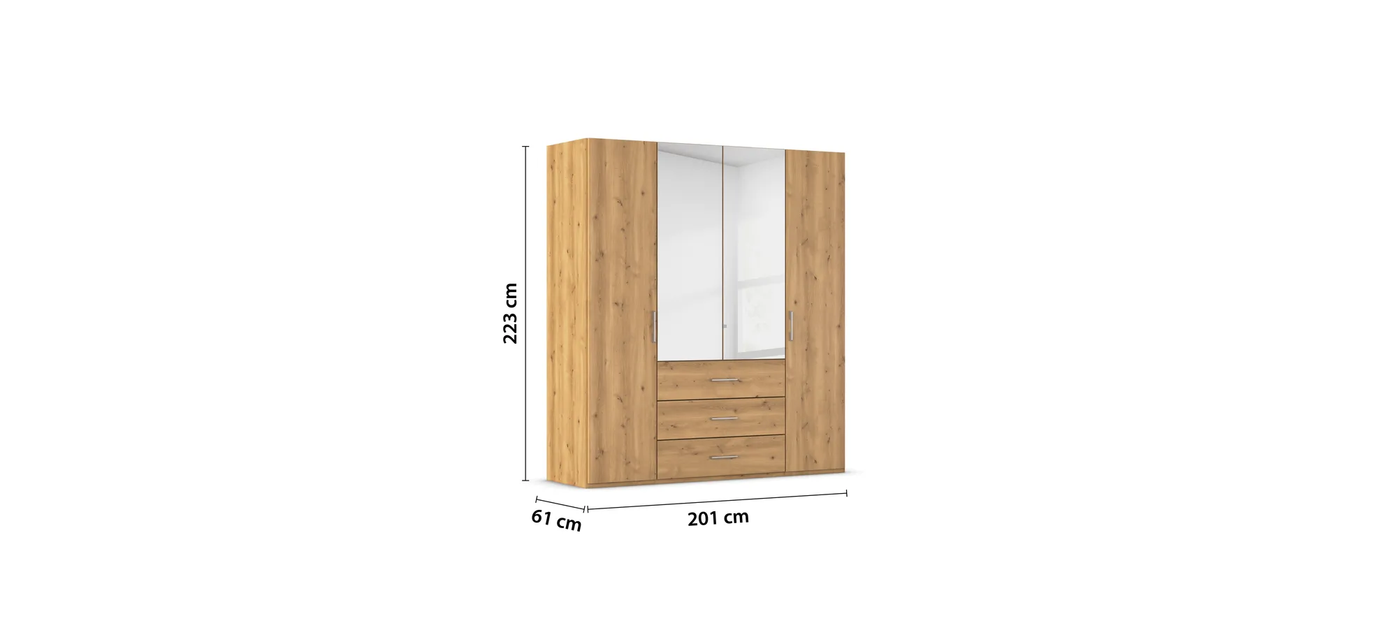 Drehtürenschrank - B. ca. 201 cm, mit Spiegeltüren und 3 Schubkästen, Fronten Asteiche Massiv