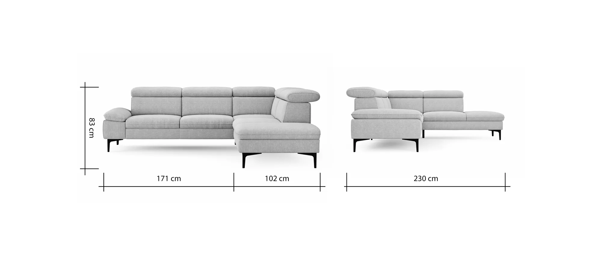 Ecksofa Felipa - 2,5-Sitzer mit Ecke rechts inkl. Kopfteil verstellbar, Stoff, Grau