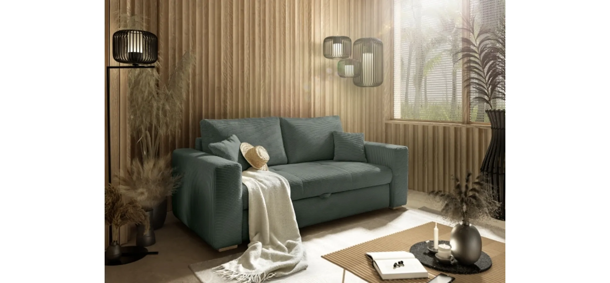 Sofa JORDEN 2 - 2,5-Sitzer inkl. Schlaffunktion mit Bettkasten, Stoff, Grün