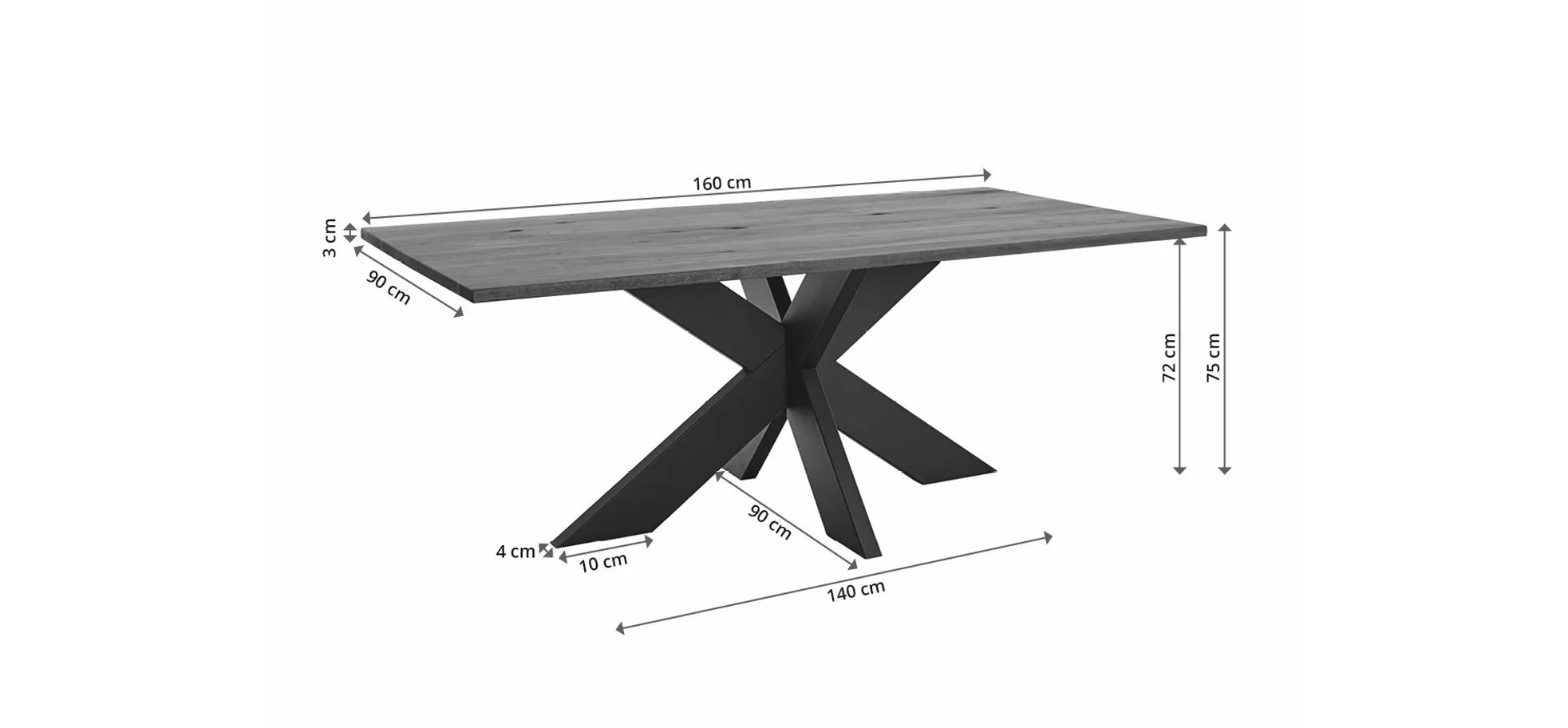 Esstisch - LB ca. 160x90 cm, Wildeiche massiv geölt, Baumkante, Schwarz