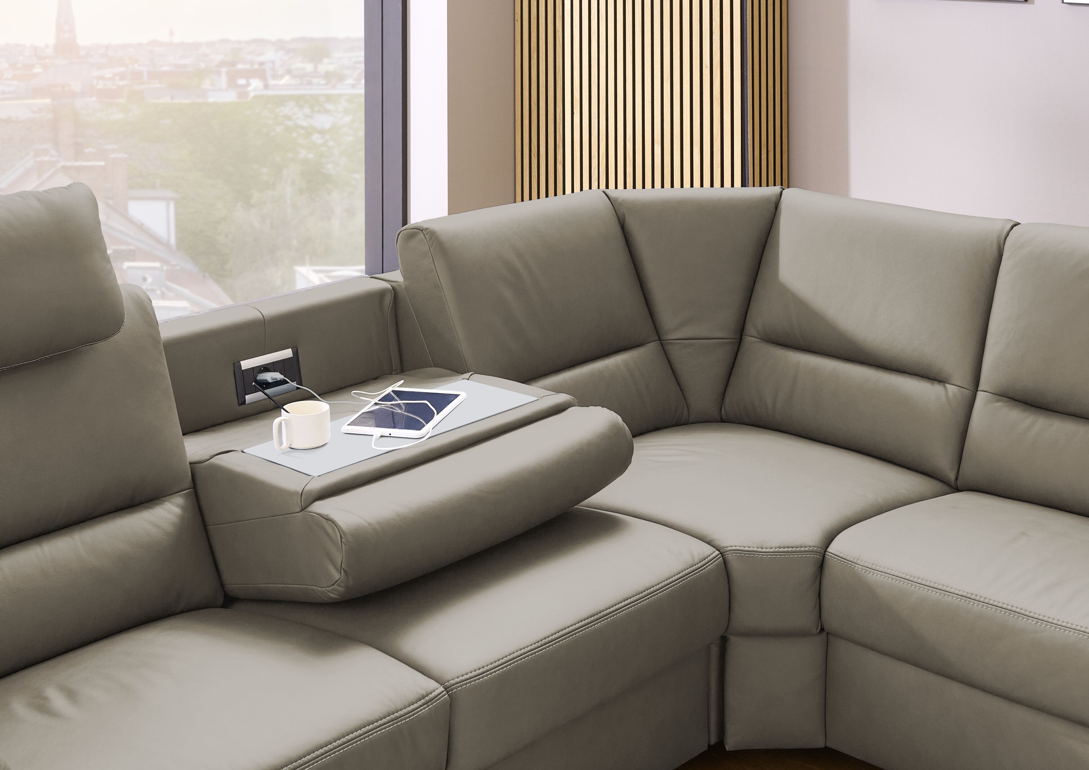 Ecksofa, Leder grau, Sitz Kaltschaum - KS 4953