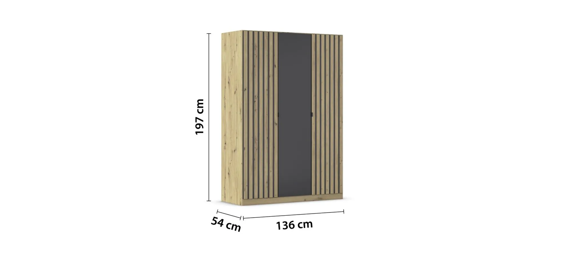 Drehtürenschrank RUERTO- B ca. 136 cm, Eiche Dekor, Dunkelgrau, Paneel, Eiche Dekor