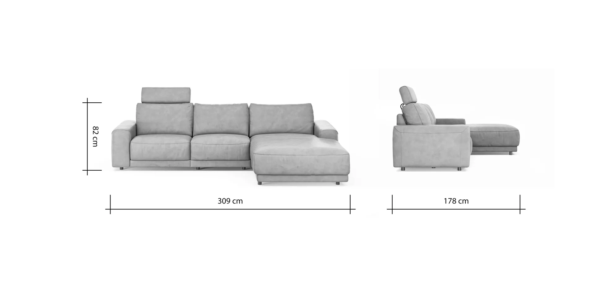 Ecksofa Balok - 2,5-Sitzer mit Longchair groß rechts, inkl. Relaxfunktion (motorisch) und Kopfstütze, Leder, Cognac