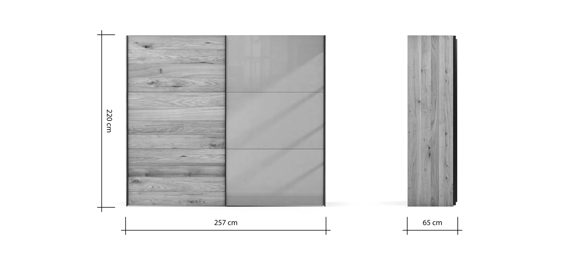Schwebetürenschrank Colorado - B. ca. 257 cm, Eiche, Glas Graugrün