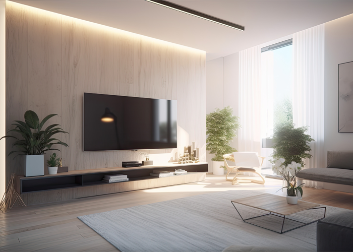 Wohnwand mit hängendem TV-Lowboard • KI-Bild